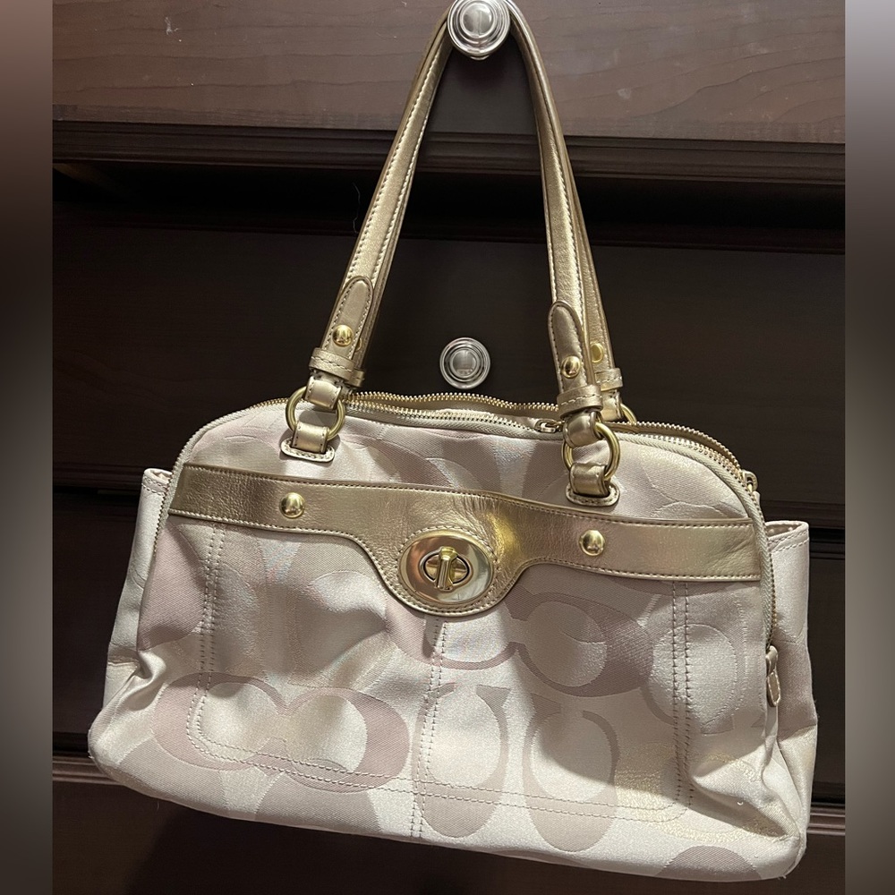 Coach #F18475 Penelope Gold Sateen Optic Signature Turn Lock Shoulder Bag